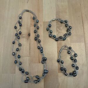 Freshwater Pearl Necklace Bracelet set Dark Grey Iridescent Beaded
